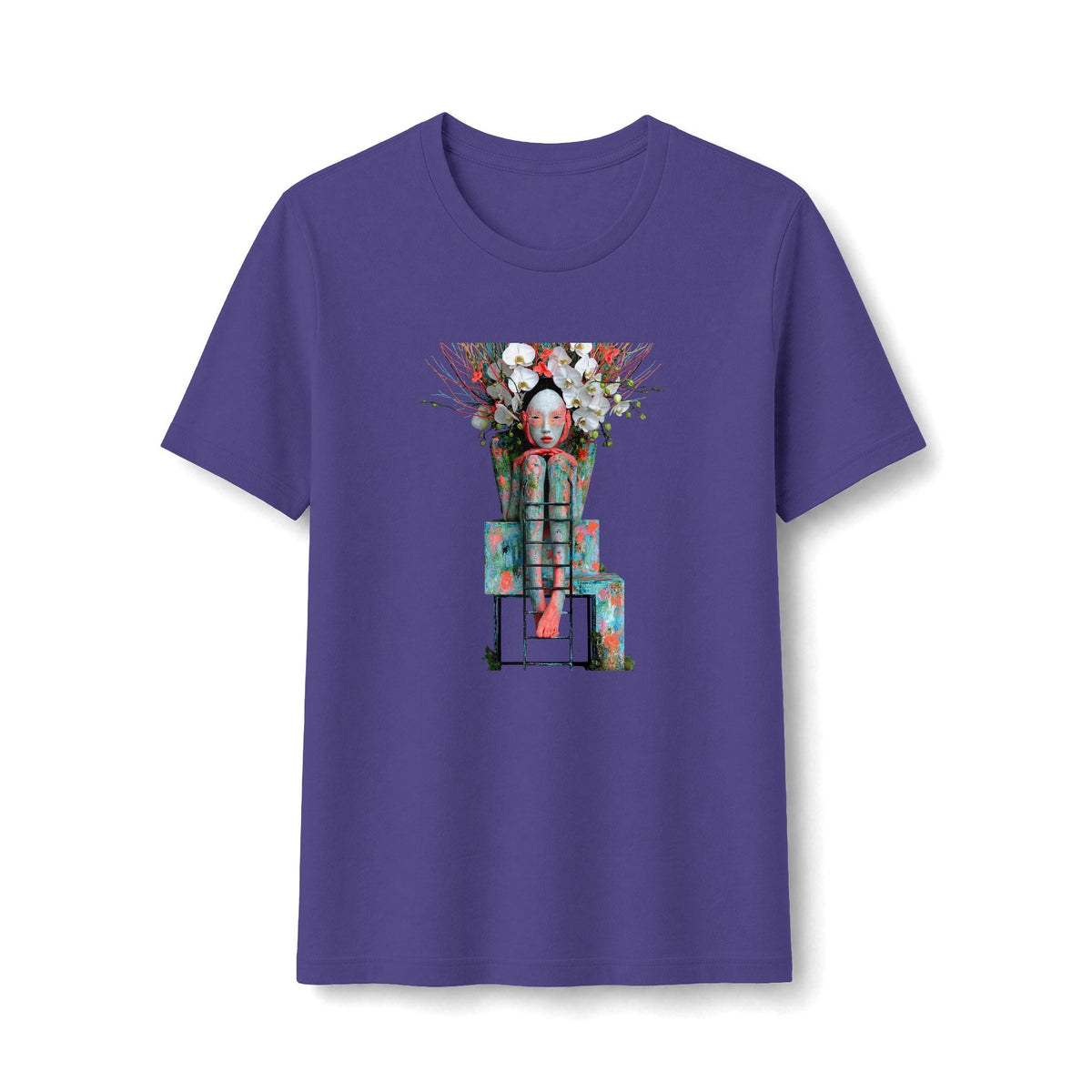 PURETE purple fitted graphic t-shirt featuring a detailed floral robot illustration on the front.