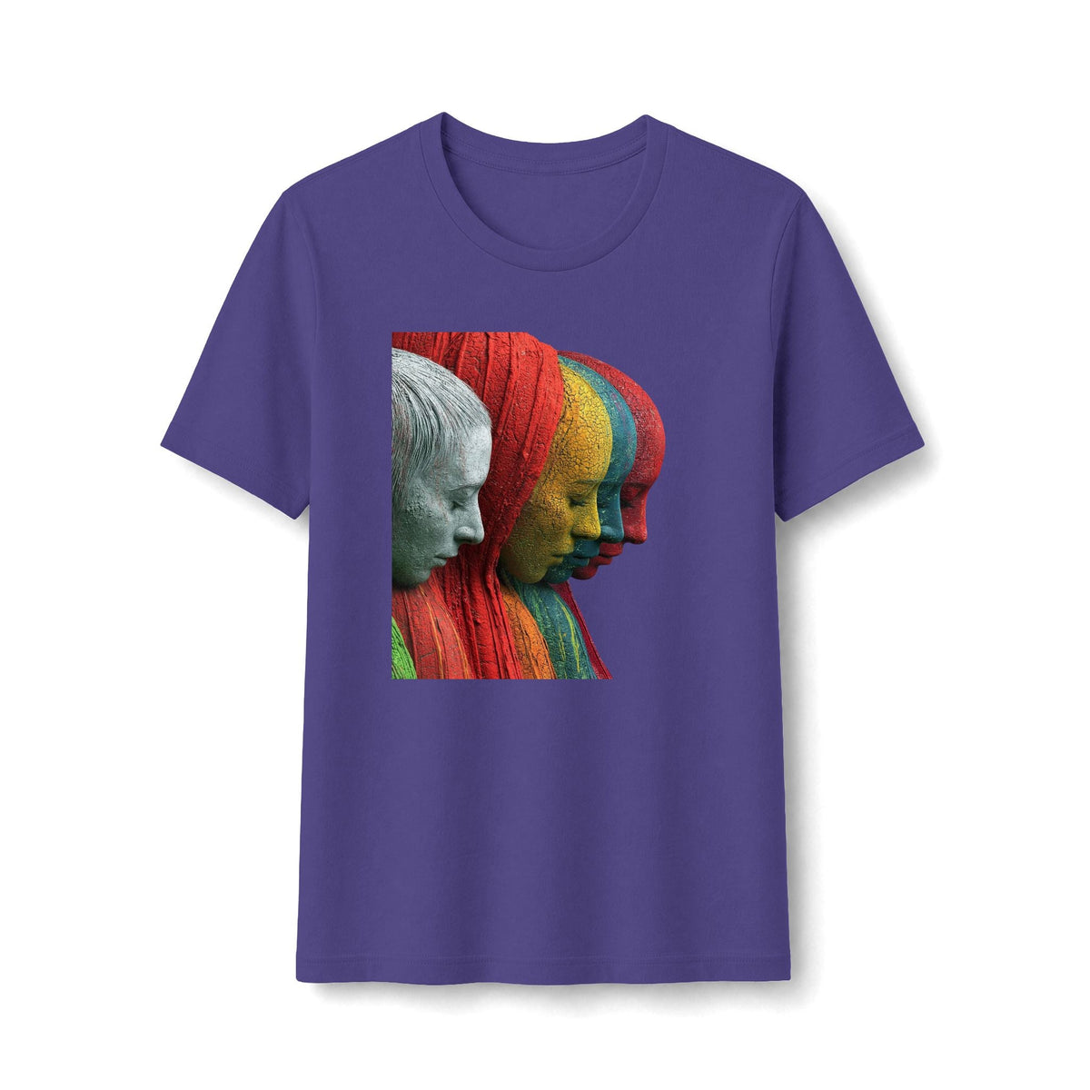 PURETE purple fitted t-shirt featuring a vibrant graphic of layered, colorful sculptural faces in profile.