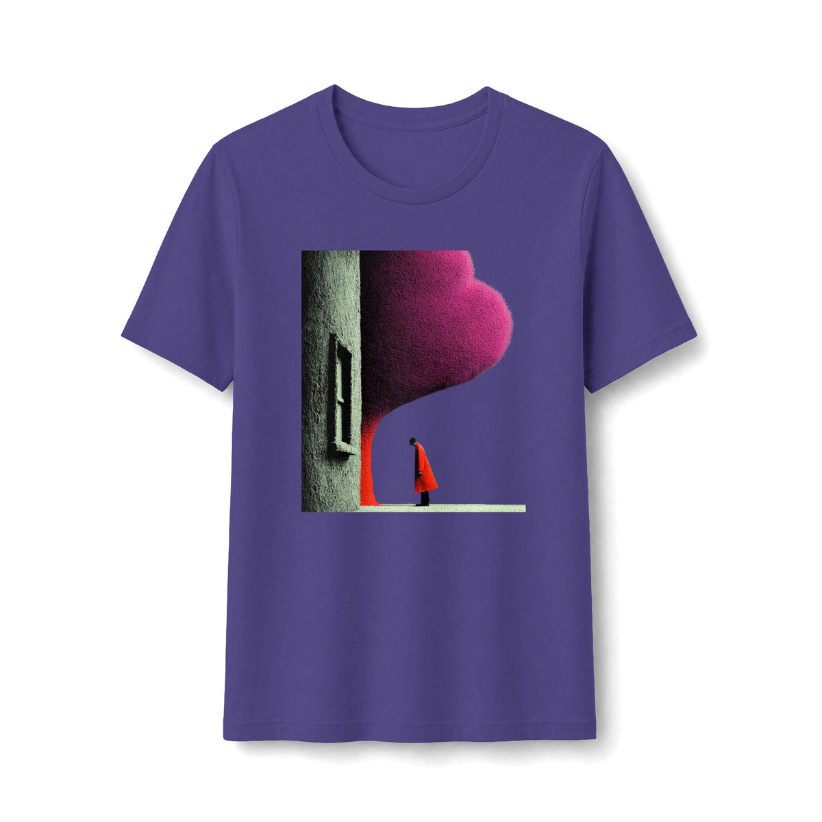 PURETE minimalist graphic tee in purple featuring a lone figure in a red cloak by an arched doorway under magenta sky
