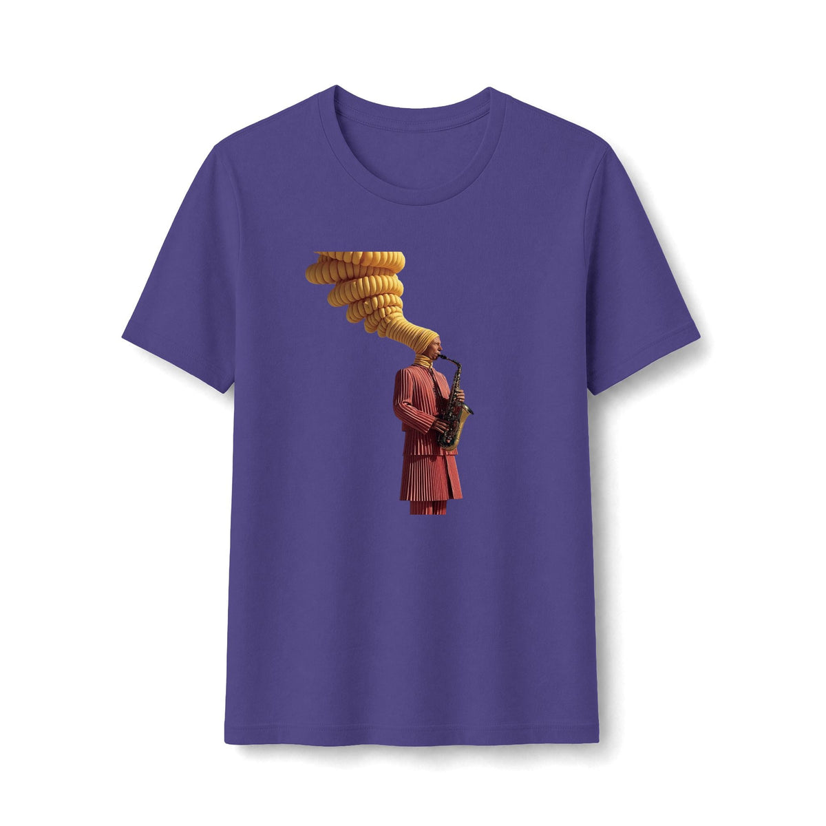 PURETE purple women's tee featuring a vintage graphic of a saxophonist in a red suit with golden musical notes.