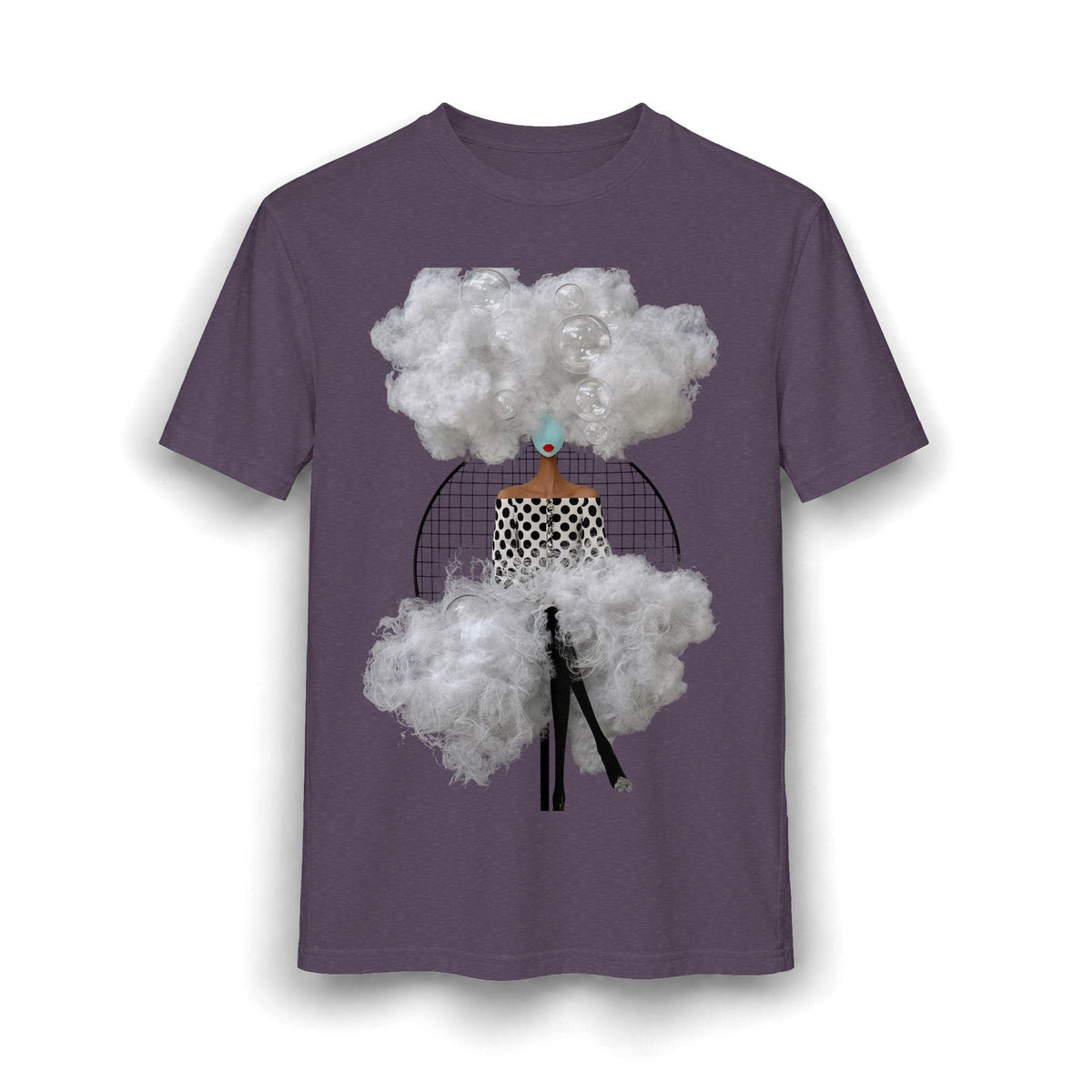 PURETE surreal graphic t-shirt in dark purple featuring an abstract woman collage with clouds and bubbles.