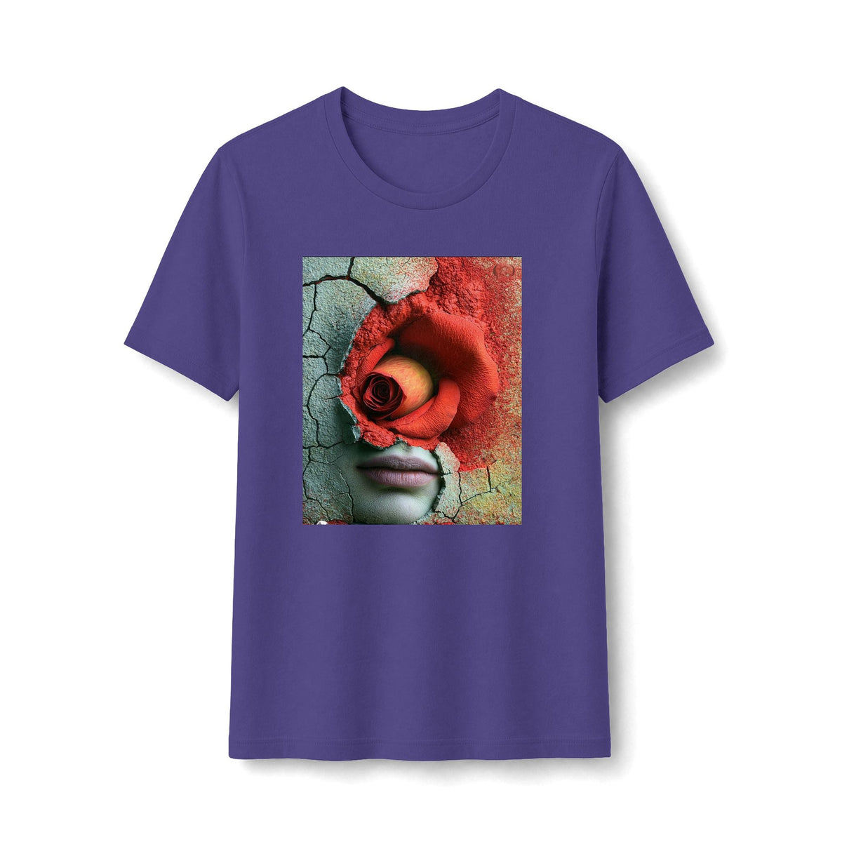 PURETE purple fitted graphic tee featuring a surreal portrait with a red rose and cracked wall texture print.