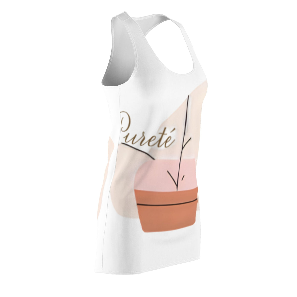 PURETE women's white racerback dress with a minimalist abstract potted plant graphic and script logo