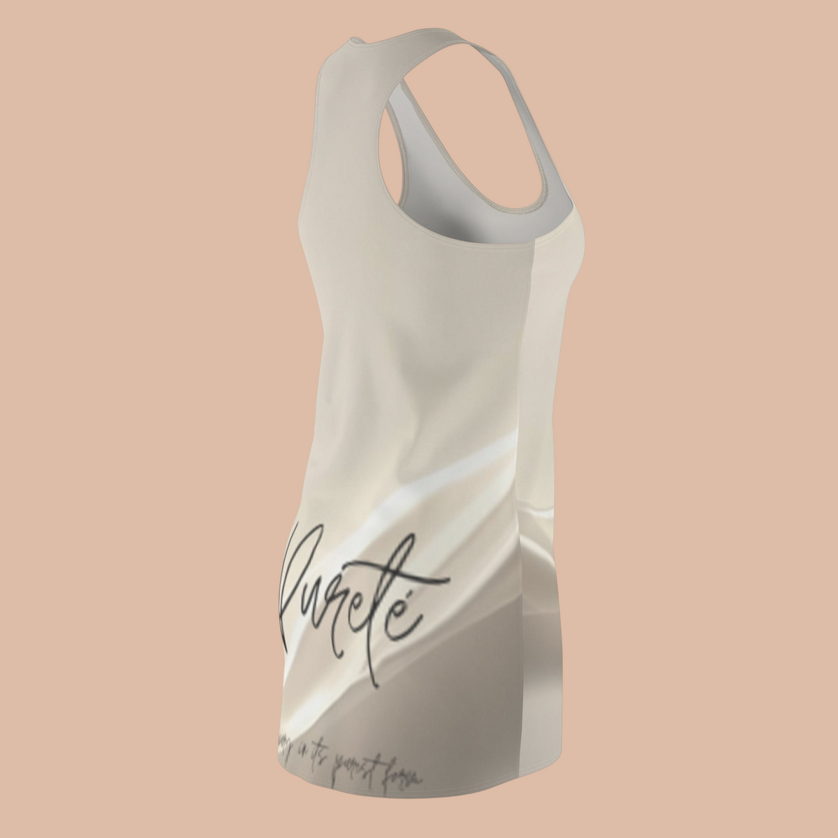 PURETE women's racerback dress in beige with abstract white accents and black cursive logo branding