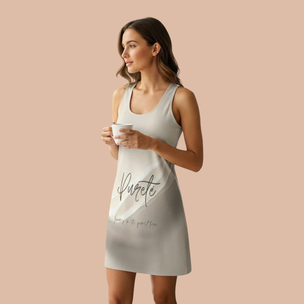 PURETE women's racerback dress in light beige polyester with a sporty fit, worn by a woman holding a coffee mug.
