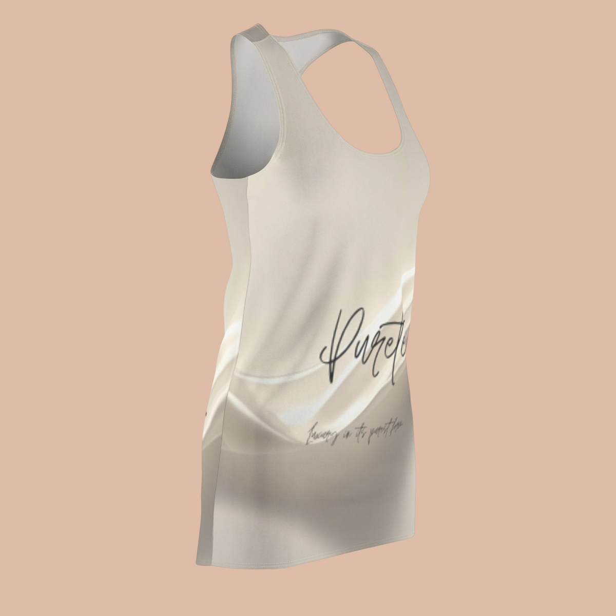 PURETE women's racerback dress in beige with abstract white patterns and black script logo in a sporty polyester fit
