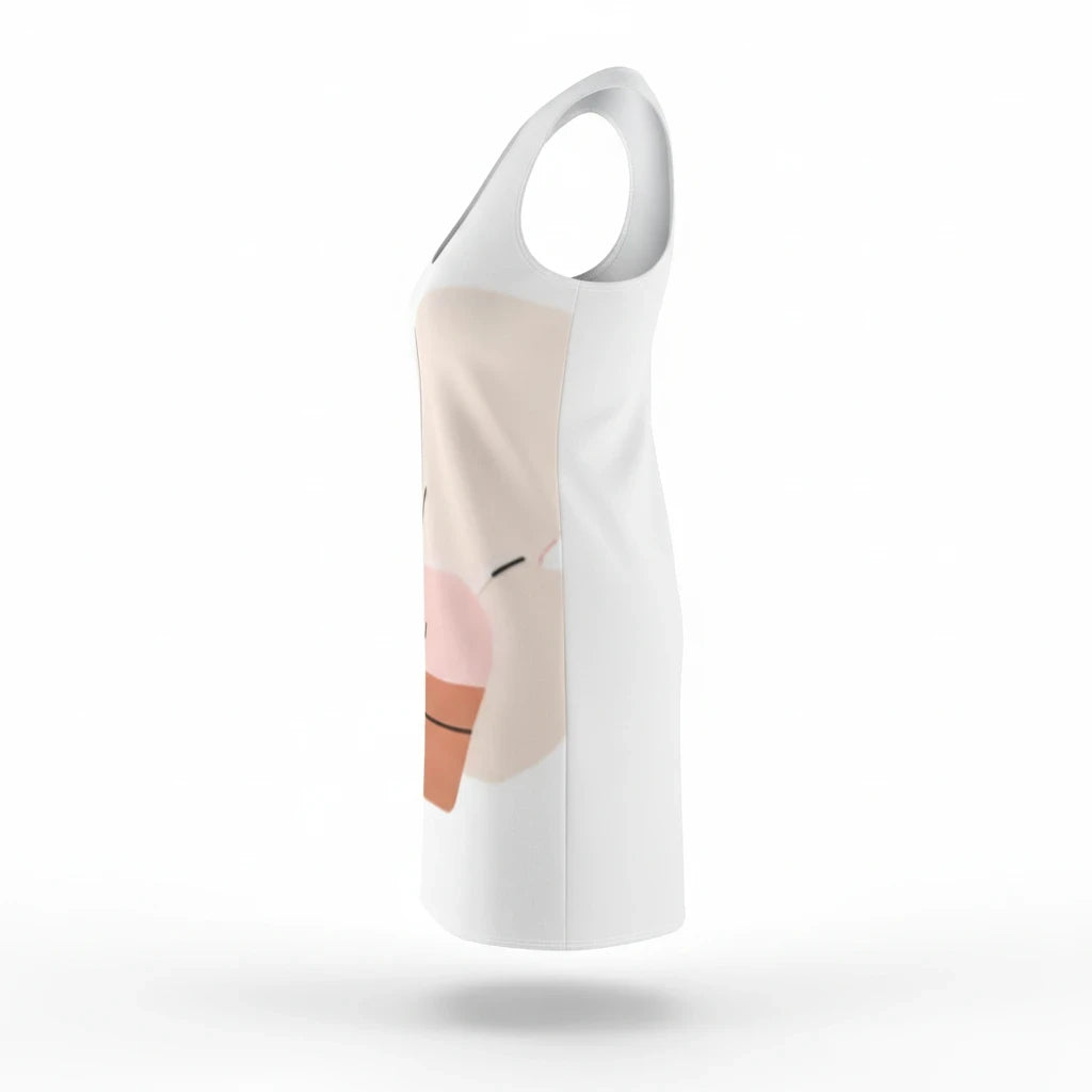 PURETE women's racerback dress in white with abstract graphic print, side view of sporty polyester sleeveless dress.