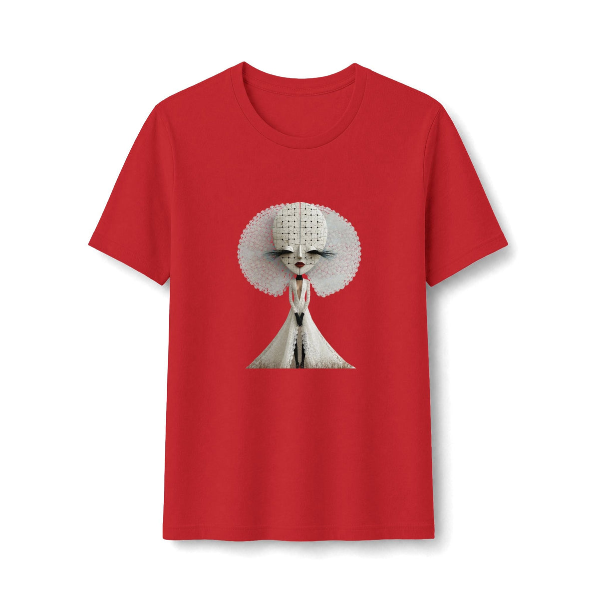 PURETE red fitted t-shirt featuring a surreal white abstract fashion doll graphic with a large textured halo.