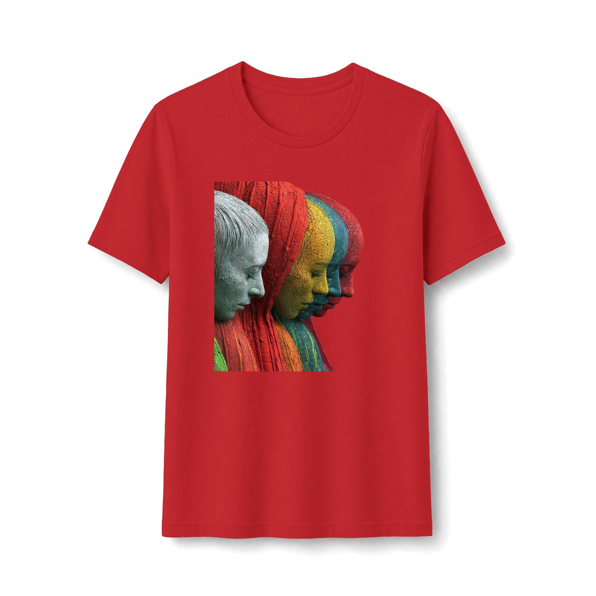 PURETE red fitted t-shirt featuring a colorful layered faces art portrait graphic on the chest.