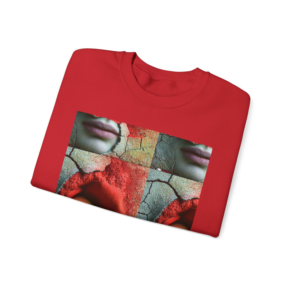PURETE red crewneck sweatshirt featuring a surreal artistic grid print of a rose, cracked earth, and a human face.