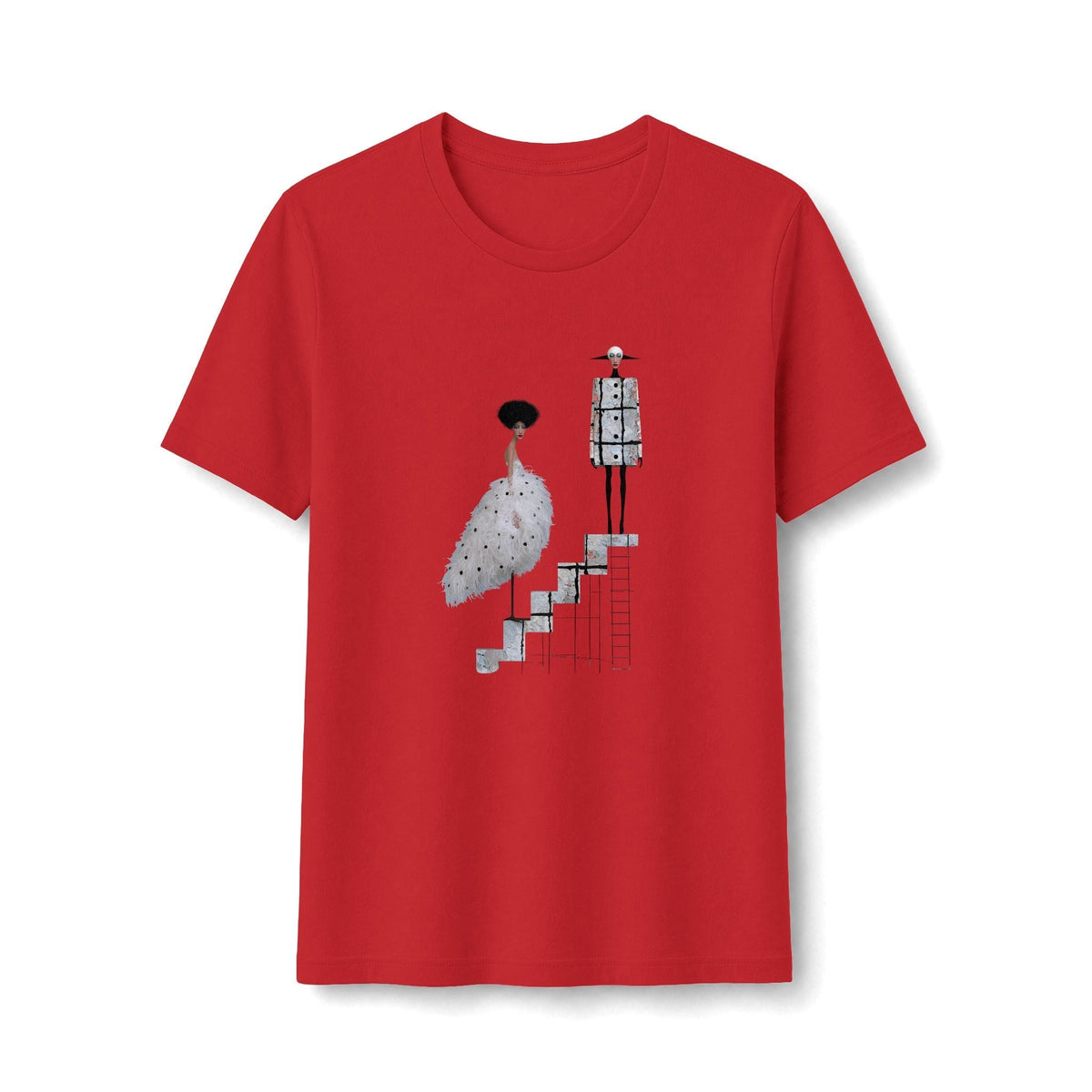 PURETE red fitted graphic t-shirt featuring a surreal illustration of a ballet couple on stairs in cotton blend
