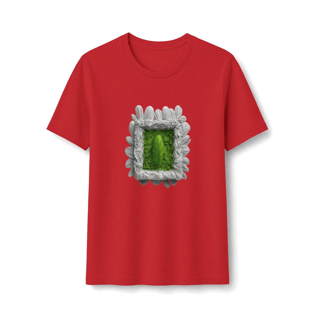 PURETE red fitted women's tee featuring a central graphic of a green leaf inside a textured white petal frame.
