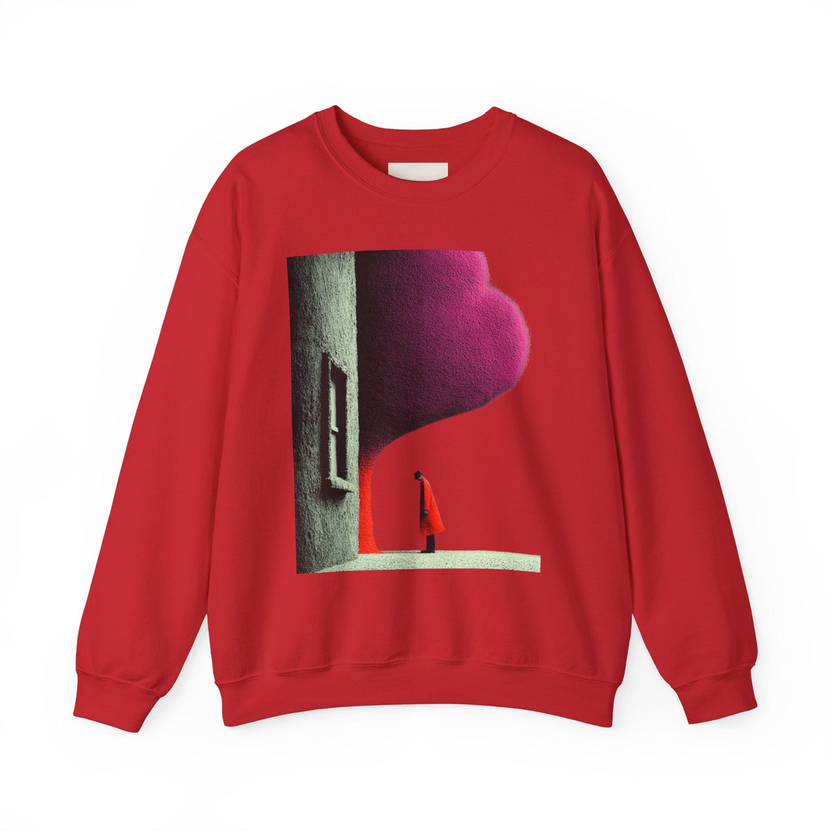 PURETE red crewneck sweatshirt featuring a surreal artistic graphic print of a figure standing by a building.