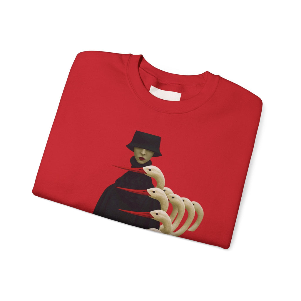 PURETE red crewneck sweatshirt featuring a surreal graphic of a cloaked figure surrounded by white bird-like shapes.