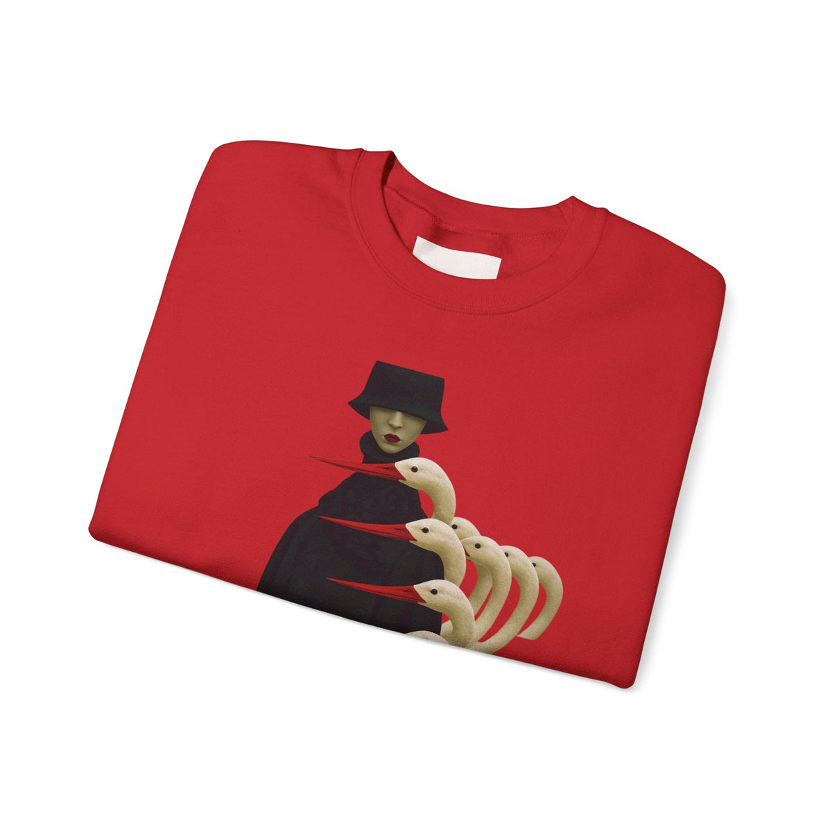 PURETE red crewneck sweatshirt featuring a surreal graphic of a cloaked figure surrounded by white bird-like shapes.