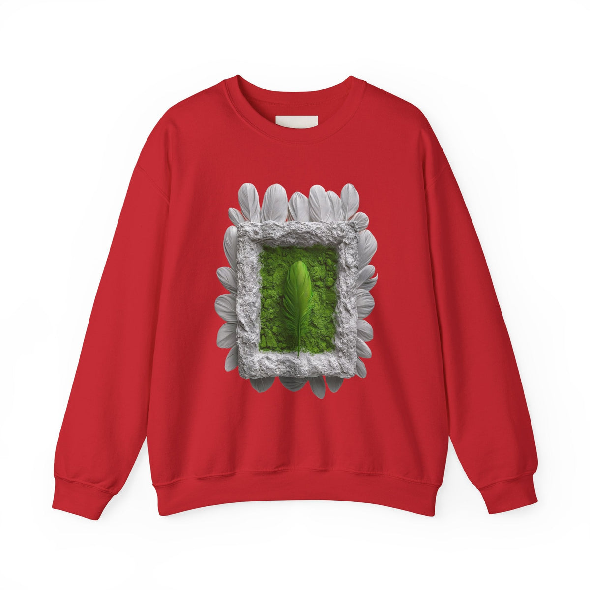 PURETE red crewneck sweatshirt featuring a green feather inside a textured stone frame with white feather accents.