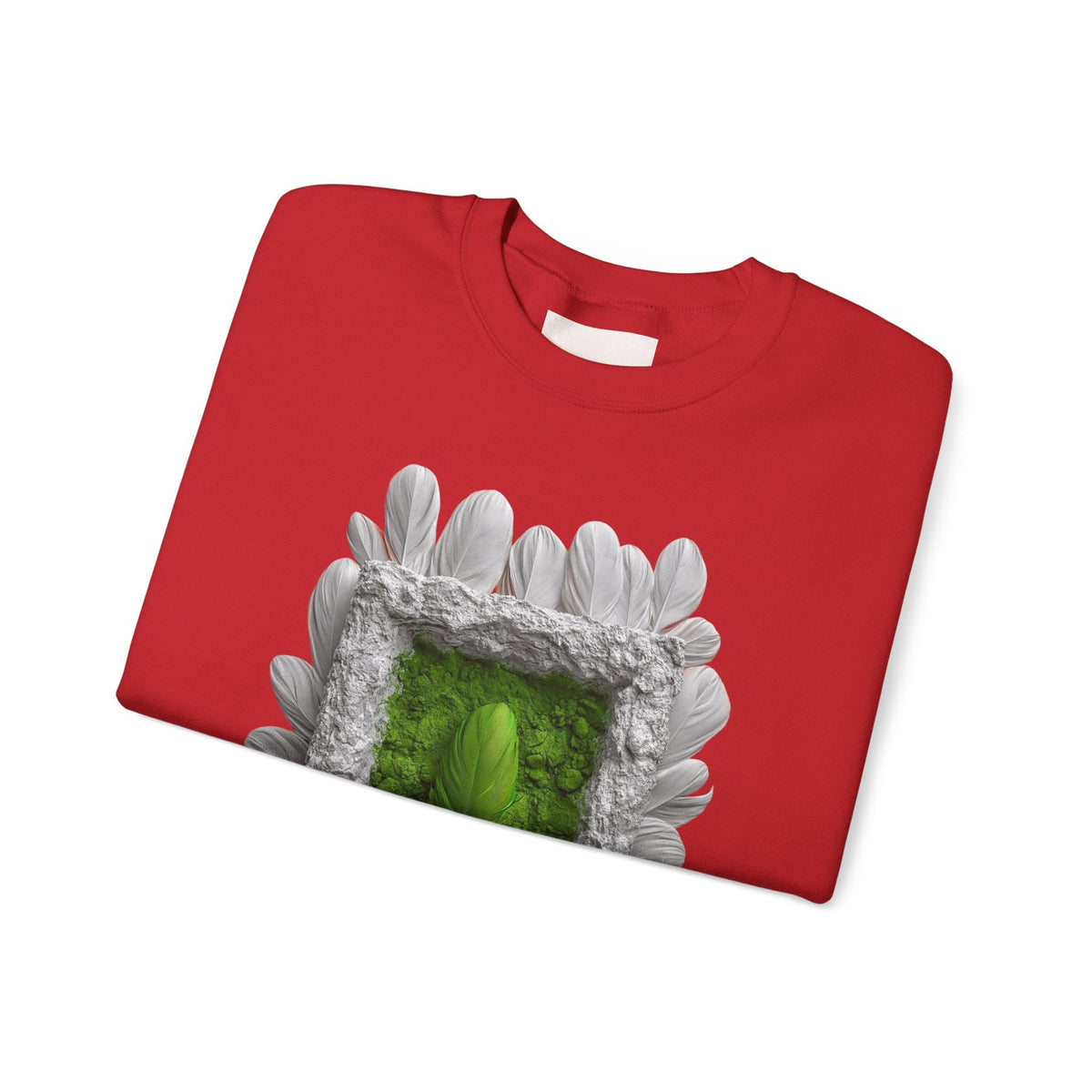PURETE red crewneck sweatshirt featuring a green portal graphic framed by white feathers on a folded garment.