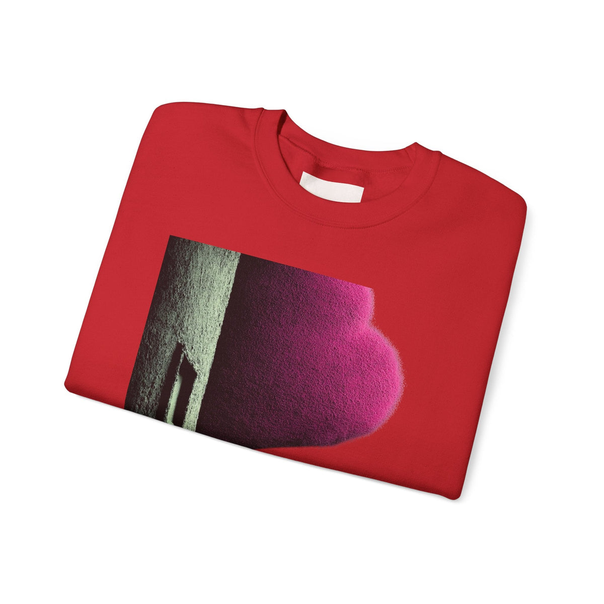 PURETE red crewneck sweatshirt featuring a graphic print of a textured abstract shape on the chest.