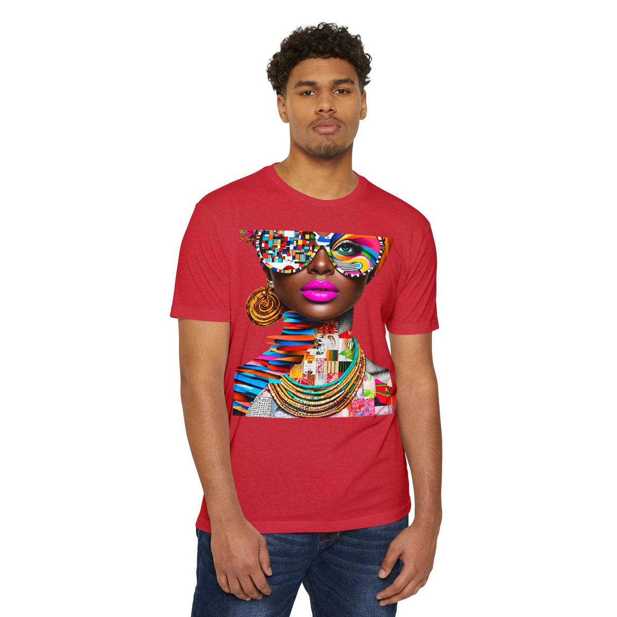 PURETE unisex red CVC jersey t-shirt featuring a vibrant abstract graphic print of a woman wearing colorful glasses.