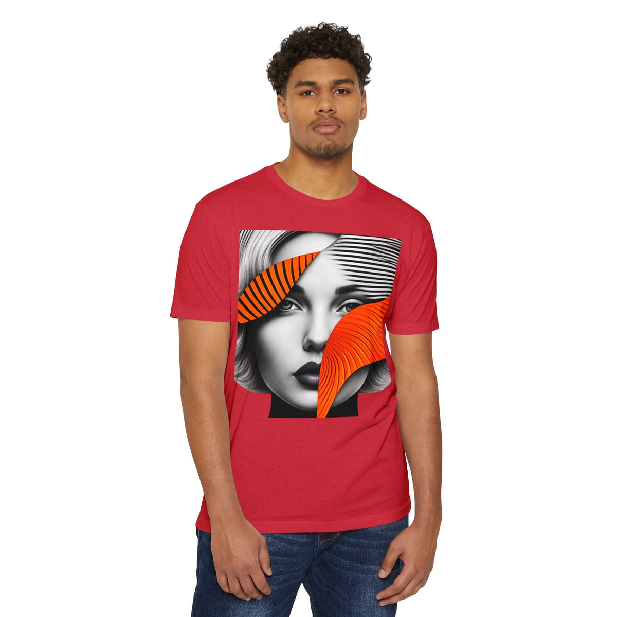PURETE unisex red CVC jersey t-shirt with a graphic print of a woman's face worn by a man against a white background
