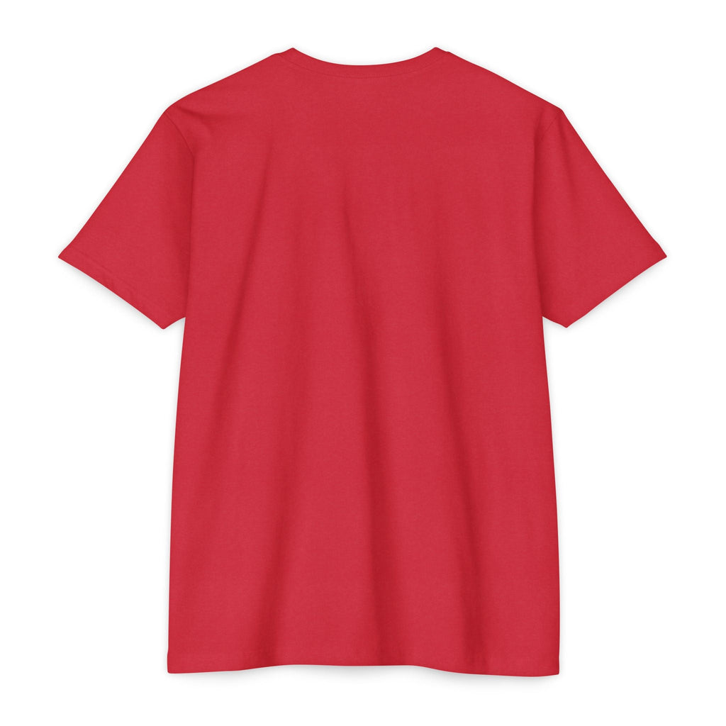 Back view of a PURETE unisex red CVC jersey t-shirt made from a lightweight cotton-poly blend with a classic fit.