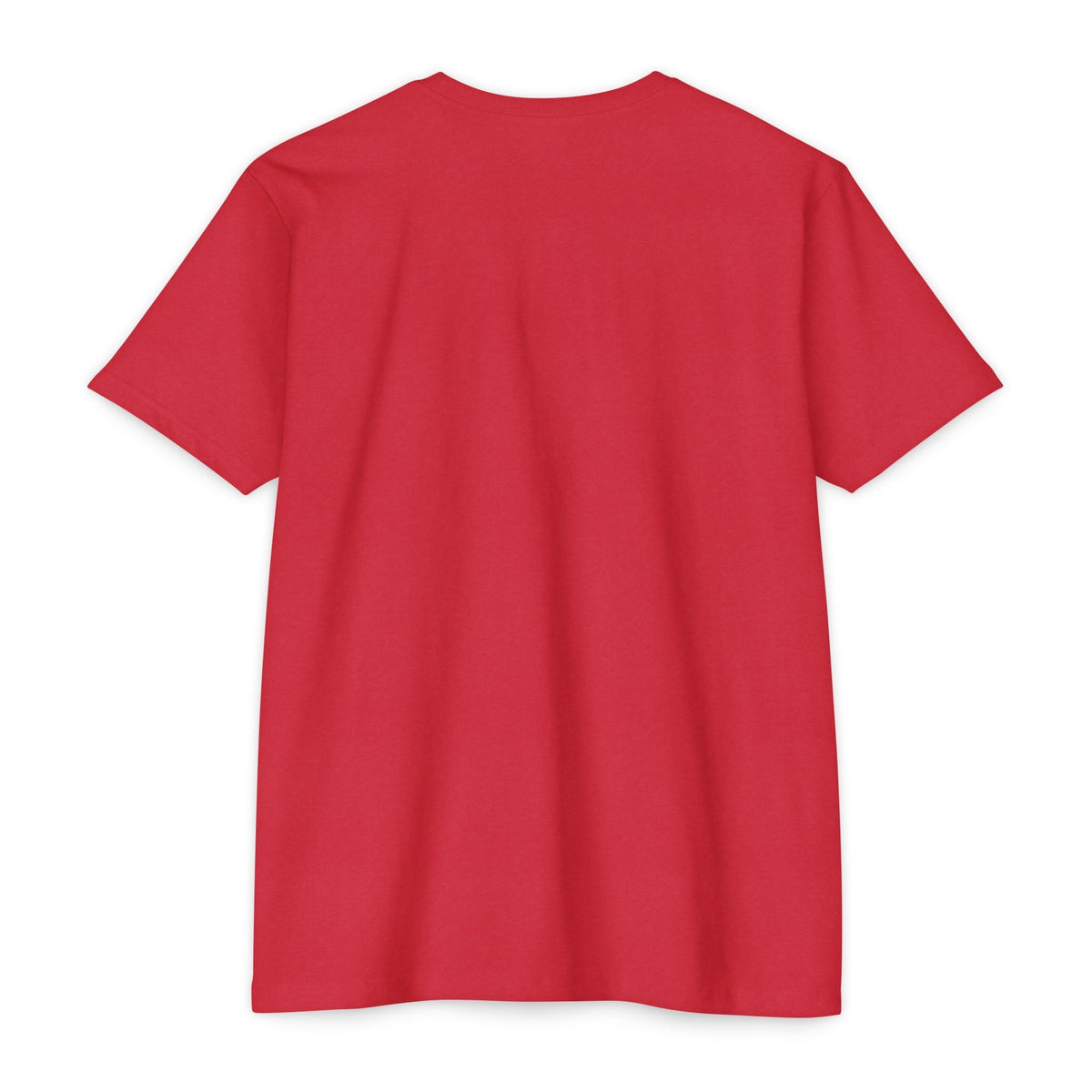Back view of a PURETE unisex red CVC jersey t-shirt made from a lightweight cotton-poly blend with a classic fit.