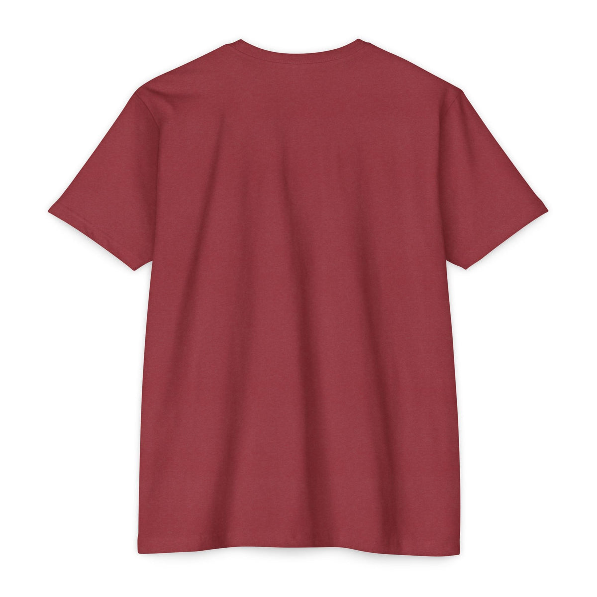 Back view of a PURETE unisex CVC jersey t-shirt in a solid dark red colour, made from a soft cotton-poly blend.