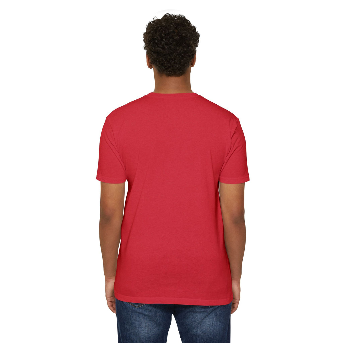Back view of a person wearing a plain red PURETE unisex CVC jersey t-shirt made from a soft cotton-poly blend.