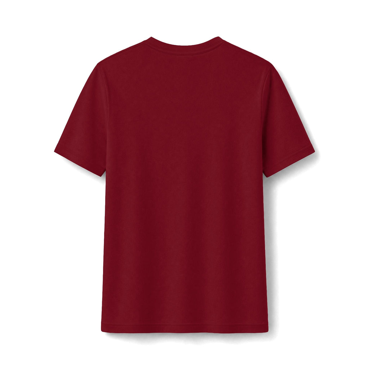 PURETE back view of a plain dark red fitted women's cotton-poly blend t-shirt with a ribbed crew neckline.