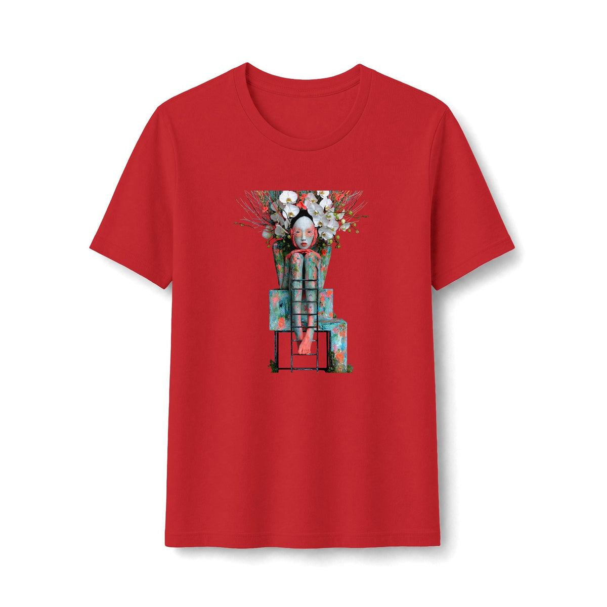 PURETE red fitted graphic t-shirt featuring a surreal robot art illustration with floral elements on the chest.