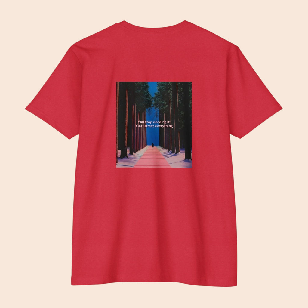 PURETE red cotton blend t-shirt featuring a back graphic of a forest pathway with motivational text.