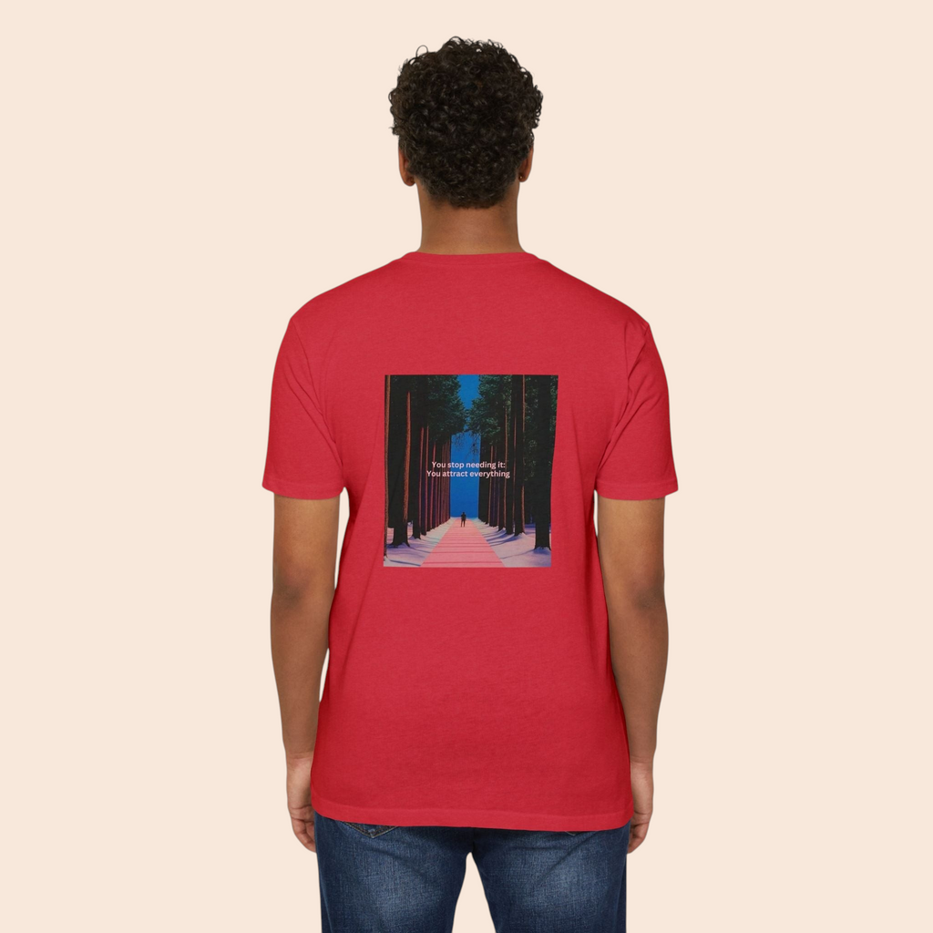 Back view of a man wearing a red PURETE cotton t-shirt featuring a forest pathway graphic with motivational text.