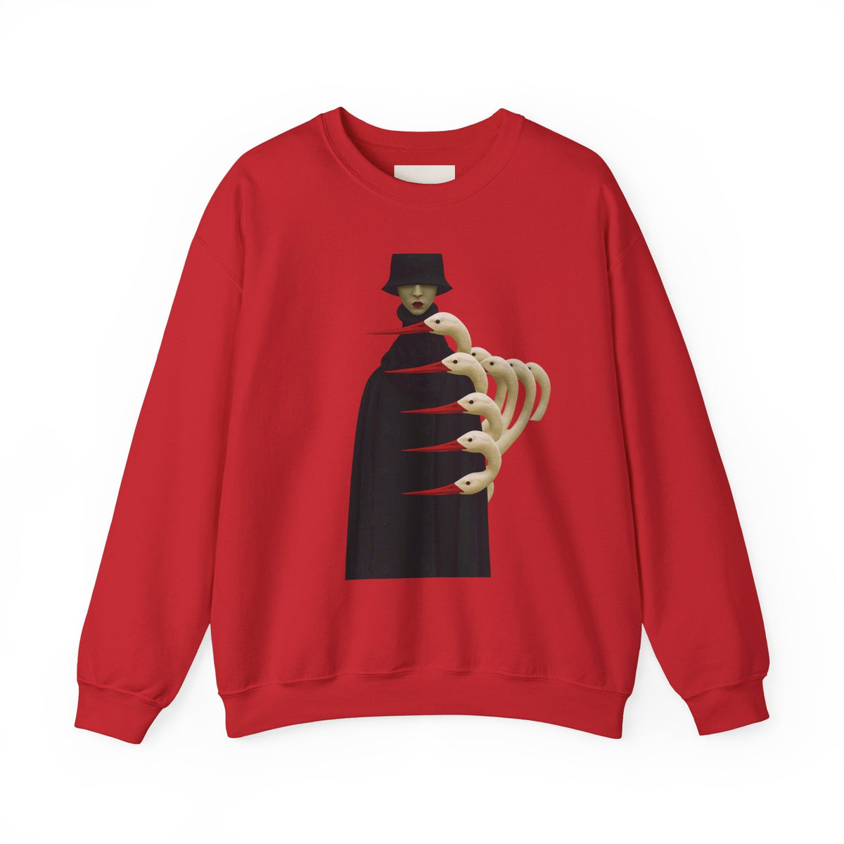 PURETE red crewneck sweatshirt featuring a gothic figure graphic with surreal skeletal bird-like hands on the chest.