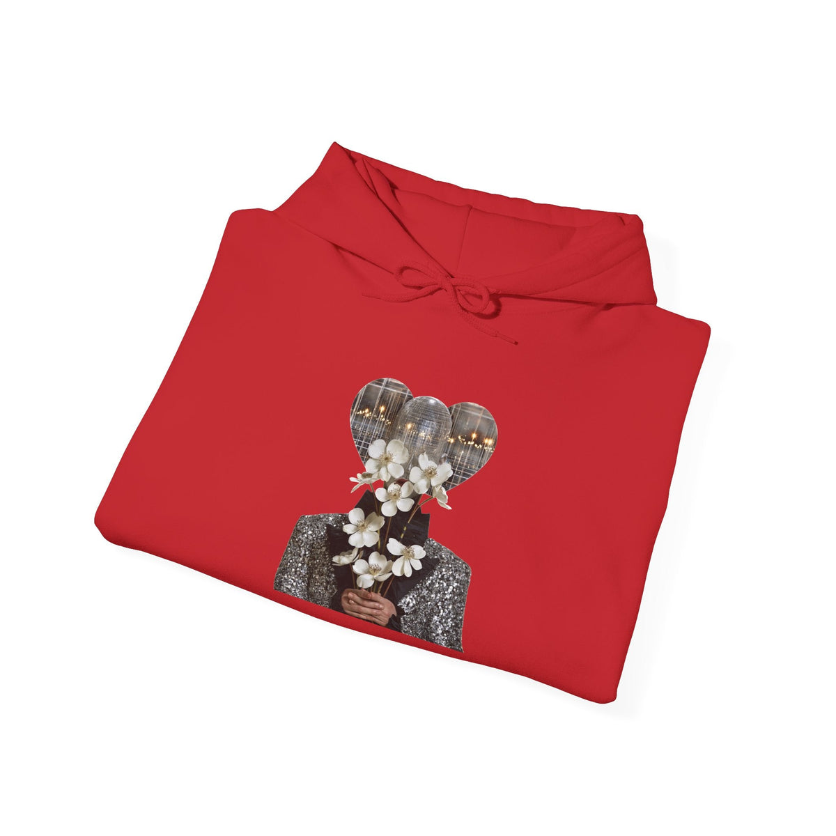 PURETE red hooded sweatshirt with a graphic print of a person holding white flowers, folded on a white background.