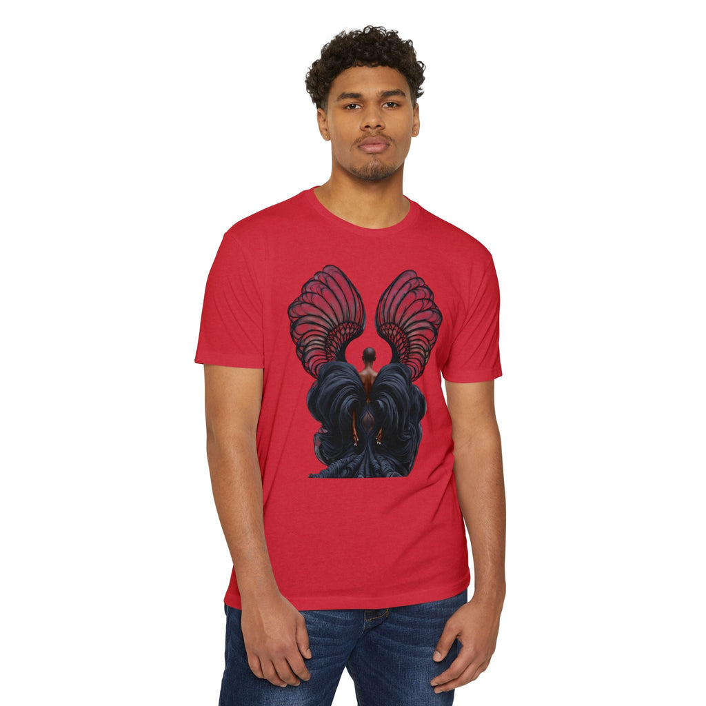 PURETE red unisex CVC jersey t-shirt featuring a graphic print of a person with dark wings on a model