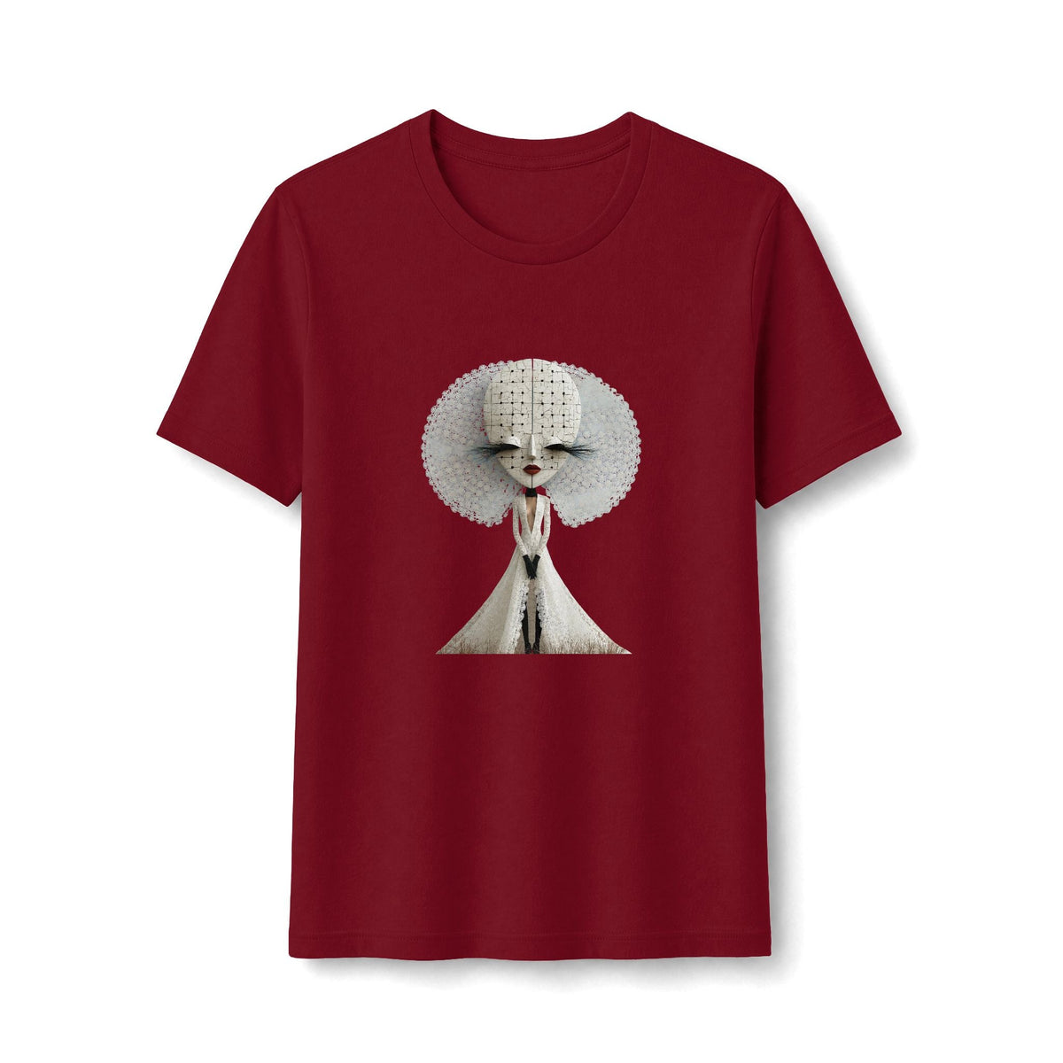 PURETE red fitted t-shirt featuring a stylized graphic of a woman with a white sculptural halo and long eyelashes.