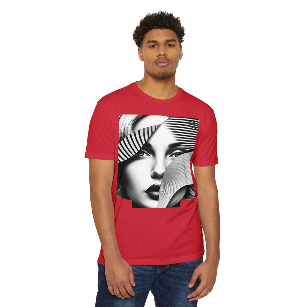 PURETE unisex red CVC jersey t-shirt featuring a black and white artistic graphic print of a woman's face on a model