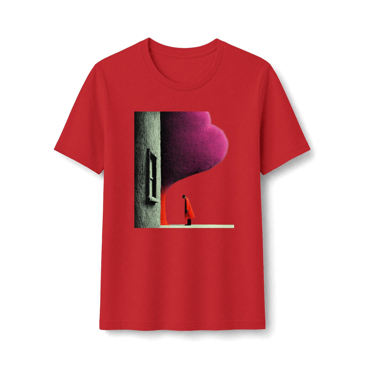 PURETE red graphic tee featuring a minimalist illustration of a figure in a red cloak standing by an arched doorway.