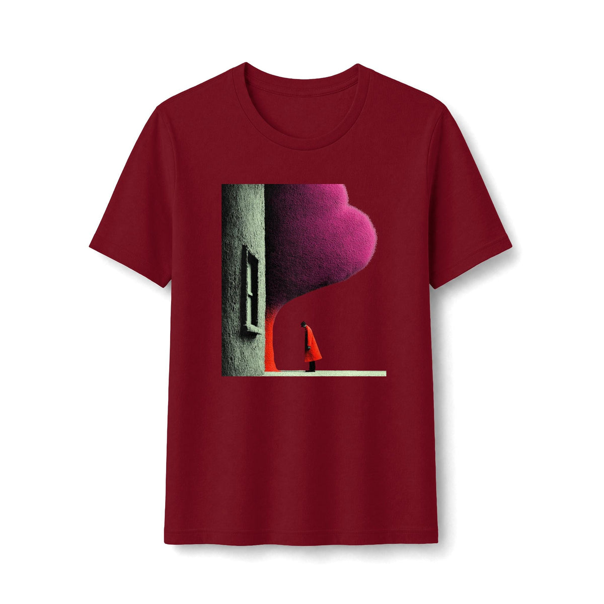 PURETE minimalist graphic tee in deep red featuring a lone figure in a red cloak by an arched doorway under a magenta sky