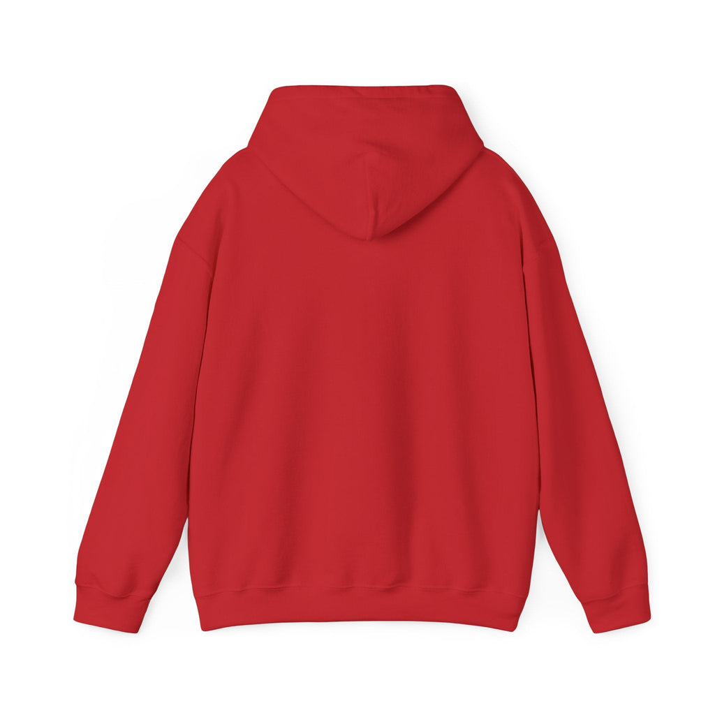 PURETE red cotton-blend hooded sweatshirt, back view, showing double-lined hood and long sleeves.