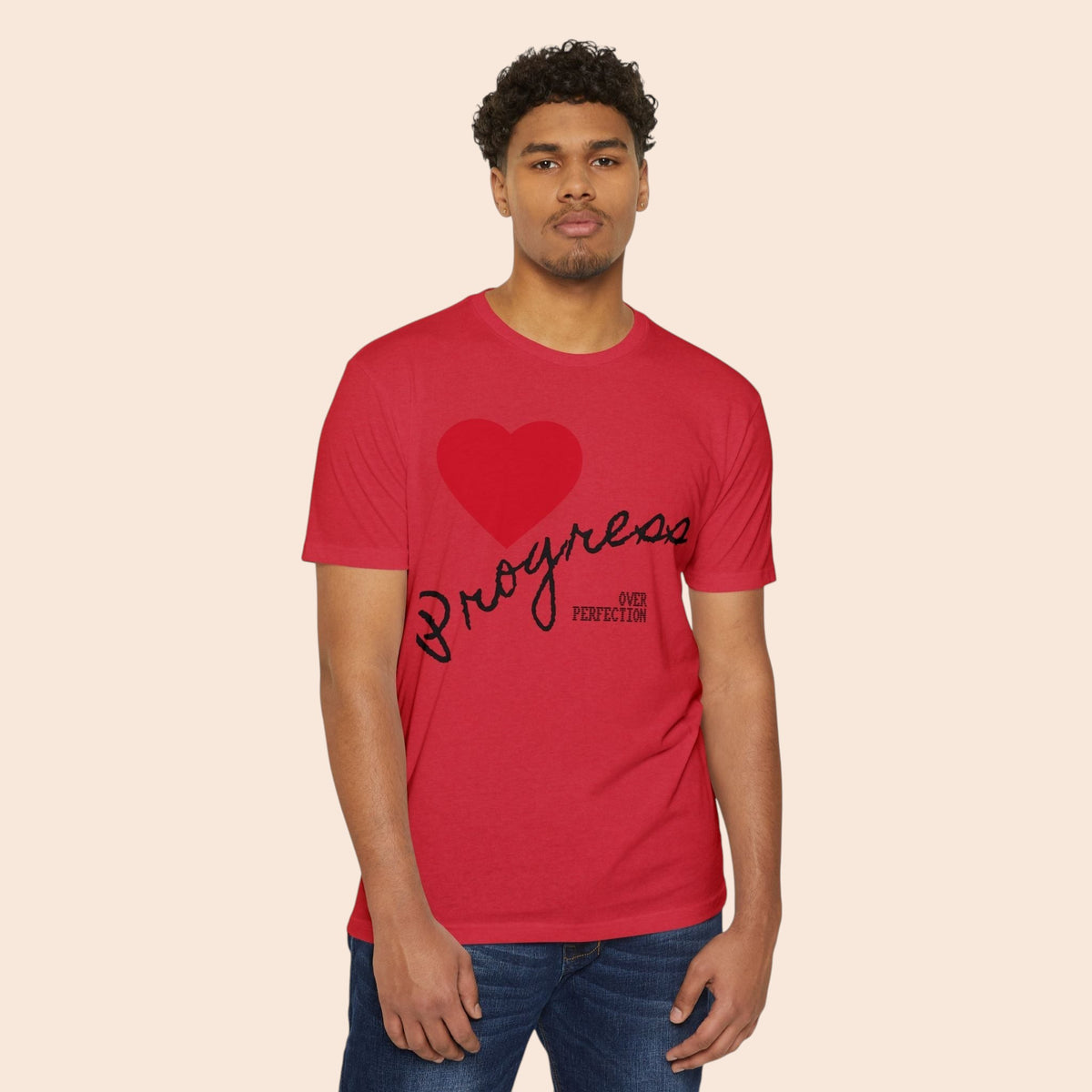 PURETE red cotton blend t-shirt with a heart and Progress Over Perfection graphic worn by a male model