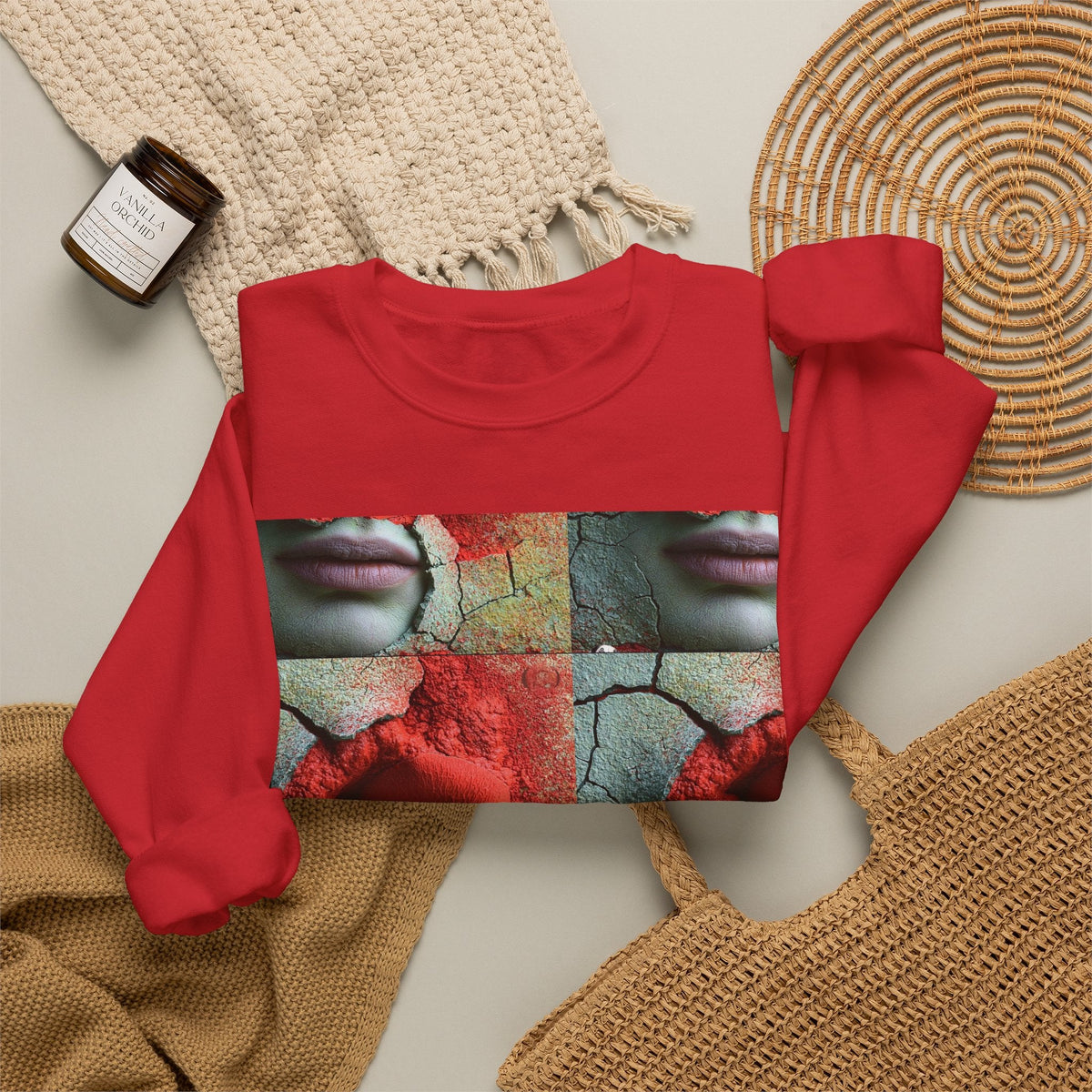 PURETE red crewneck sweatshirt featuring a surreal graphic of a face and rose on a cracked earth background.