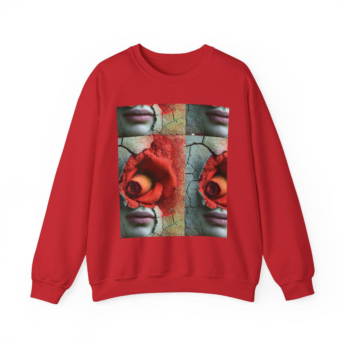 PURETE red crewneck sweatshirt featuring a surreal artistic grid print of a rose, cracked earth, and a human face.