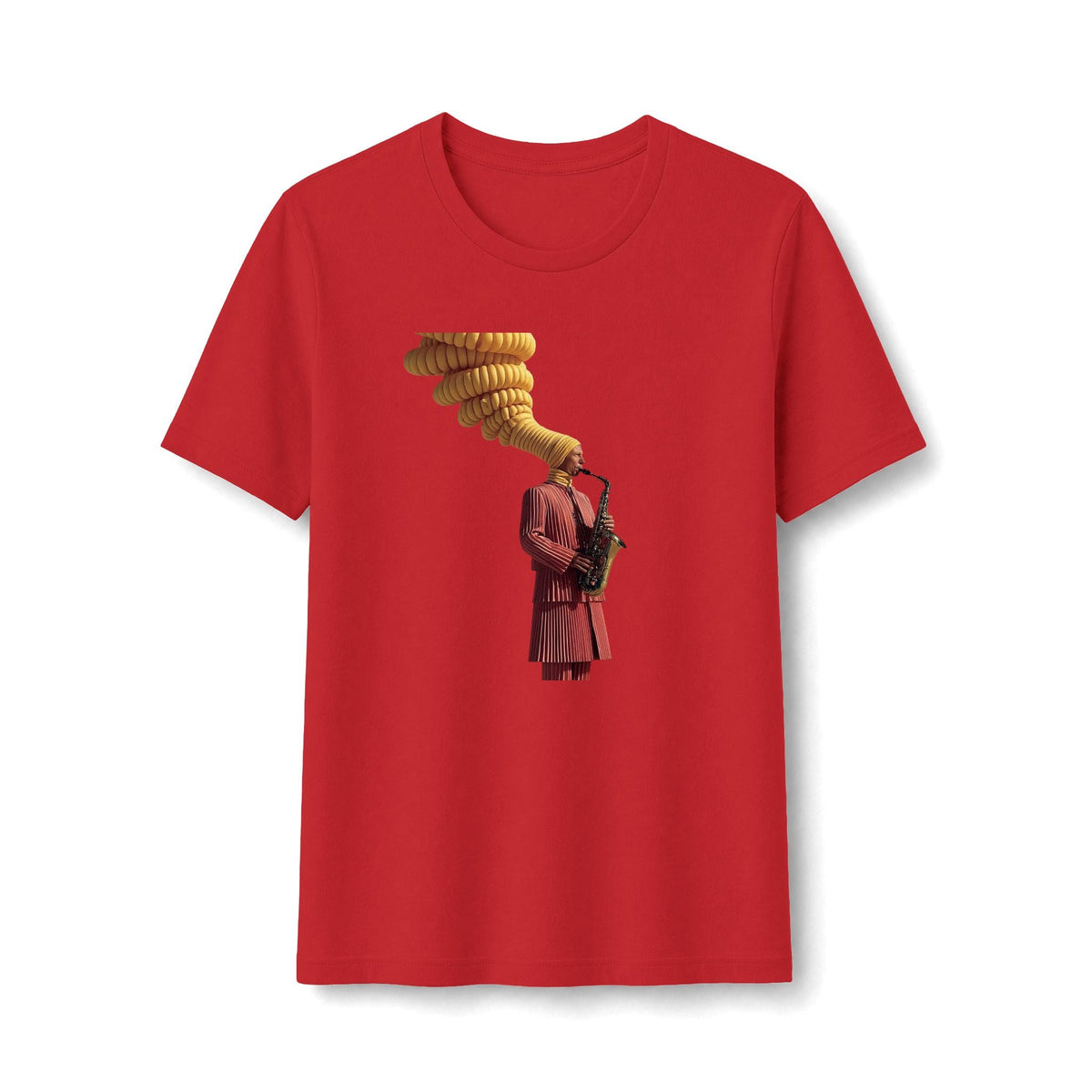 PURETE red slim-fit women's tee featuring a vintage graphic of a saxophonist with a golden musical plume design.