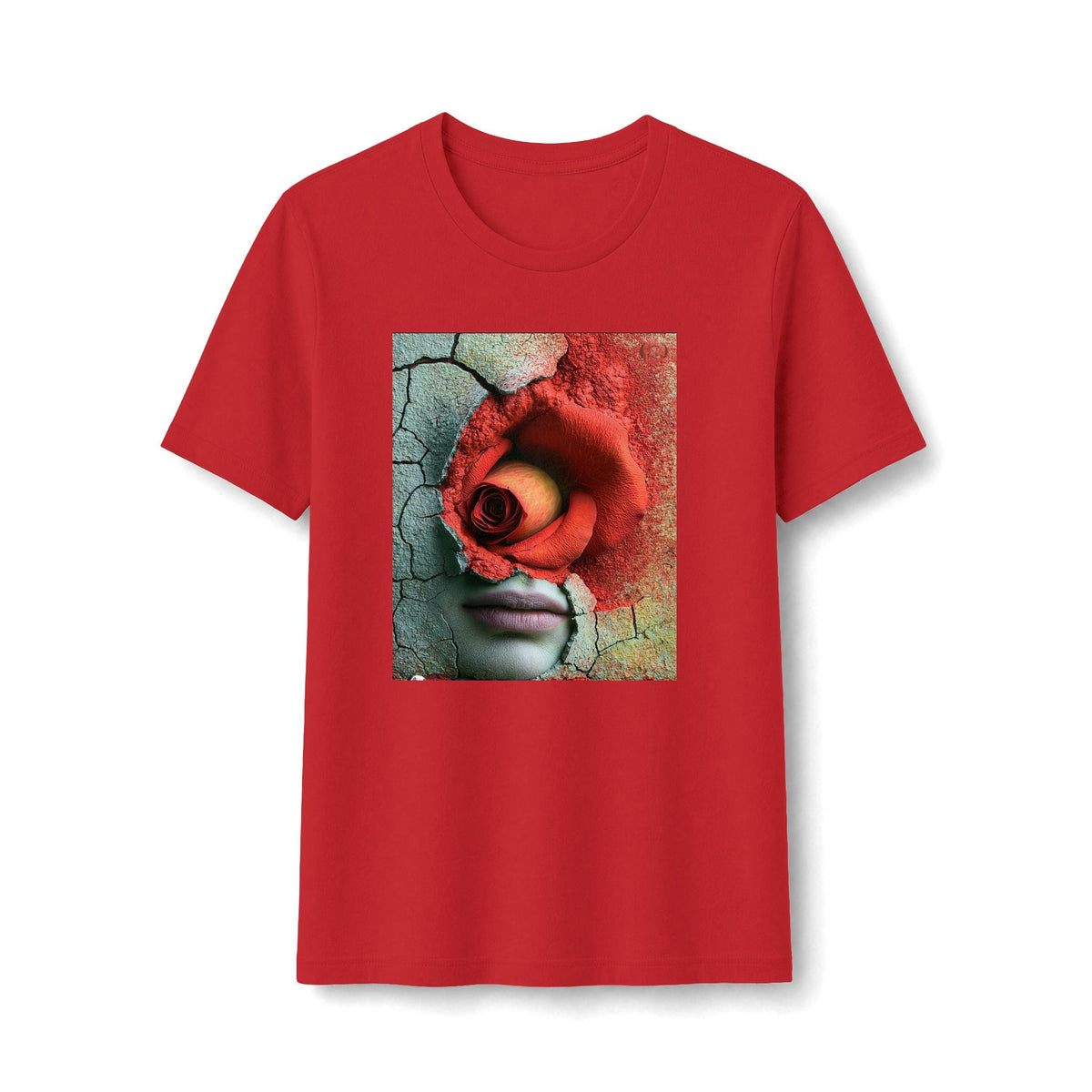 PURETE red graphic t-shirt featuring a surreal artistic print of a face fused with a red rose on a cracked wall.