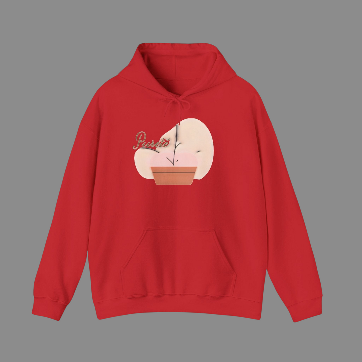 PURETE red unisex heavy blend hooded sweatshirt with a front pouch pocket and a potted plant graphic design.