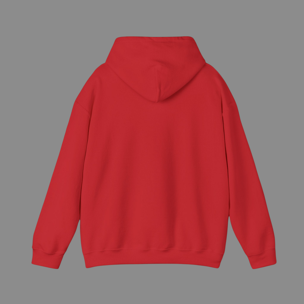 Back view of a red PURETE unisex heavy blend hooded sweatshirt with a double-lined hood and ribbed cuffs.