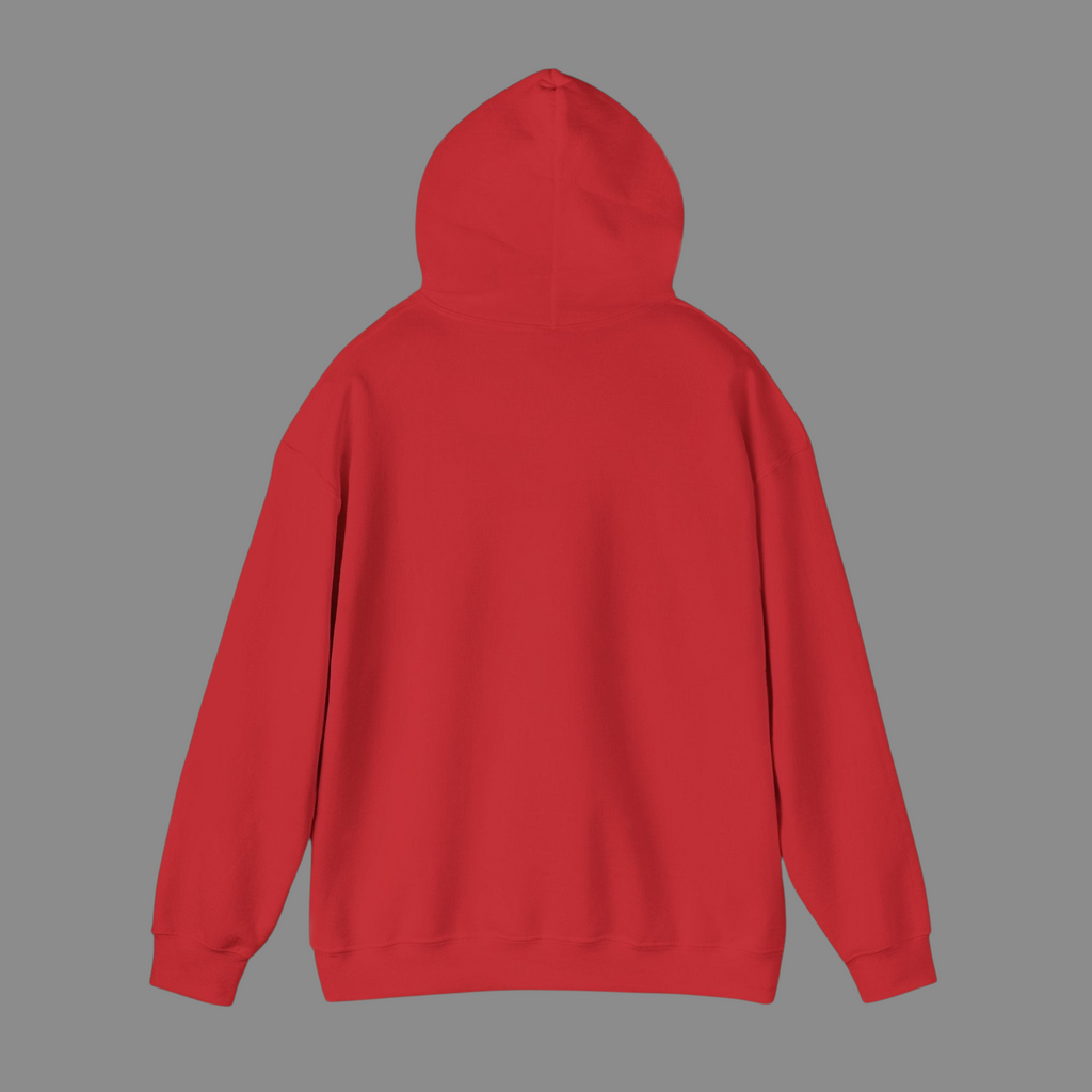 Back view of a PURETE unisex red cotton-poly blend hooded sweatshirt with a double-lined hood and ribbed hem.