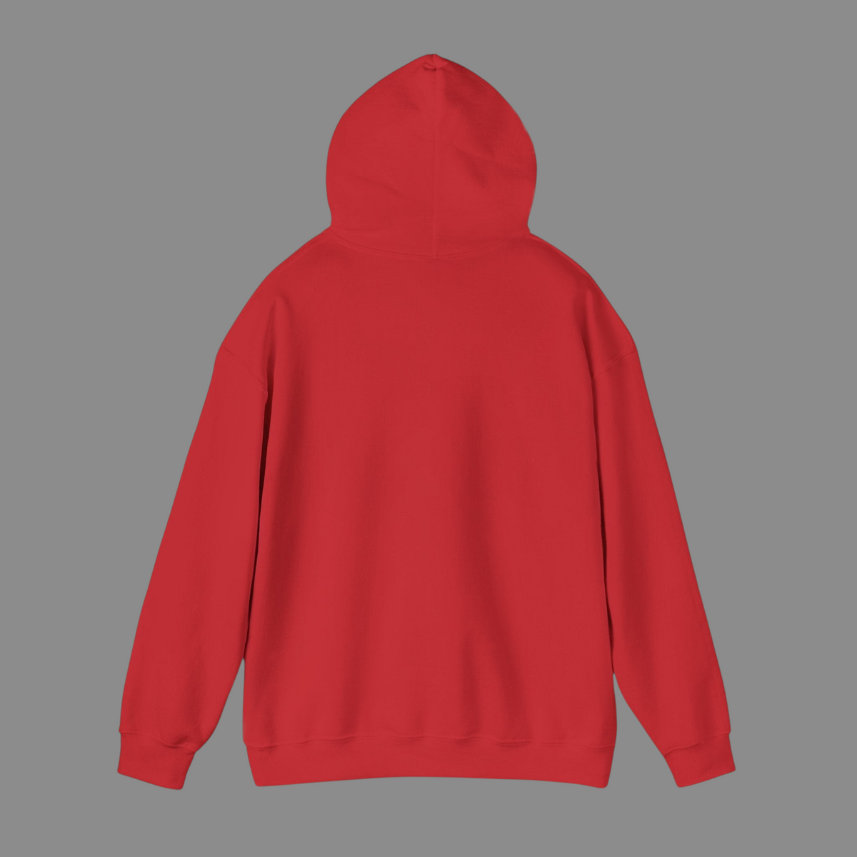 Back view of a PURETE unisex red cotton-poly blend hooded sweatshirt with a double-lined hood and ribbed hem.