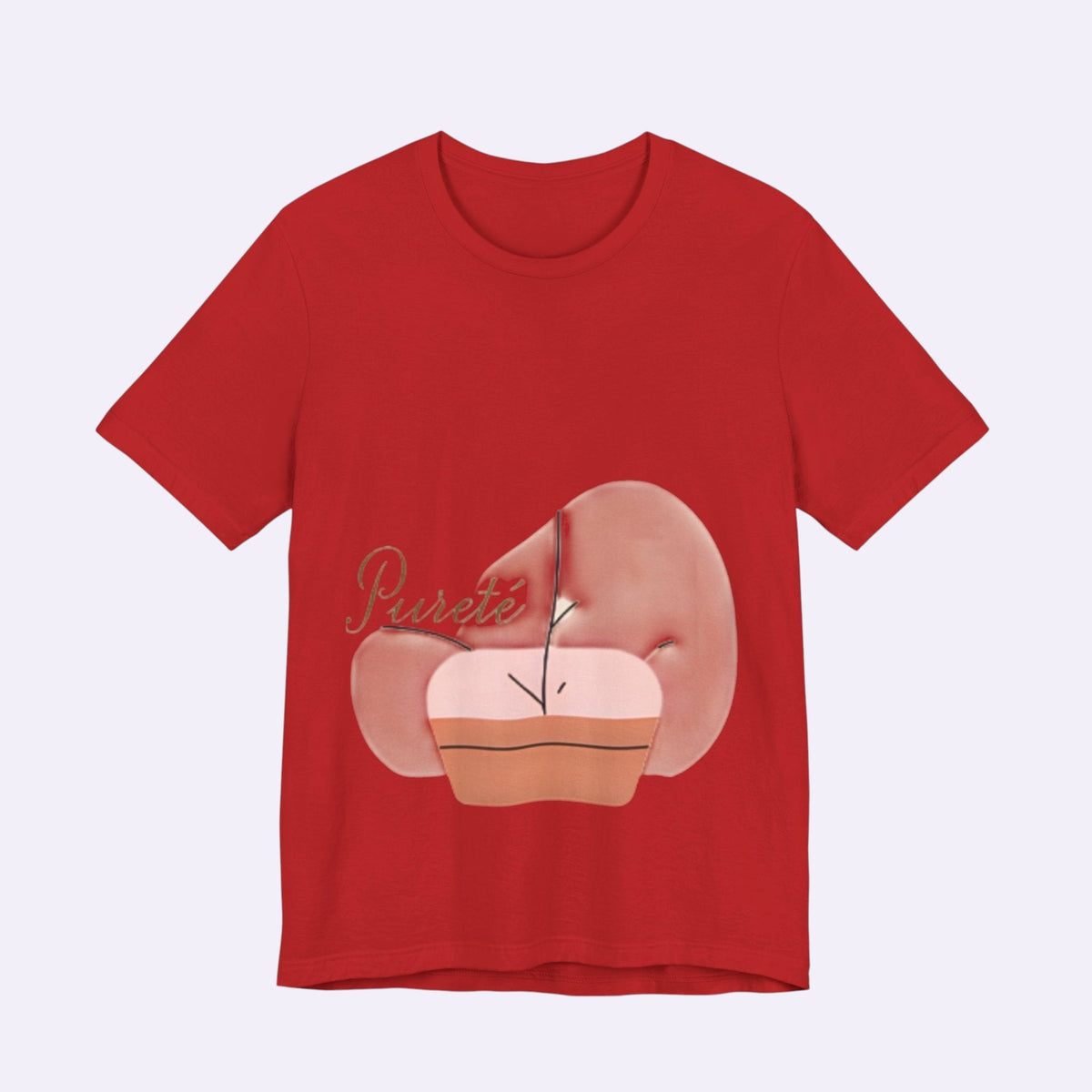 PURETE unisex red jersey short sleeve t-shirt with a graphic print of an abstract shape and brand logo